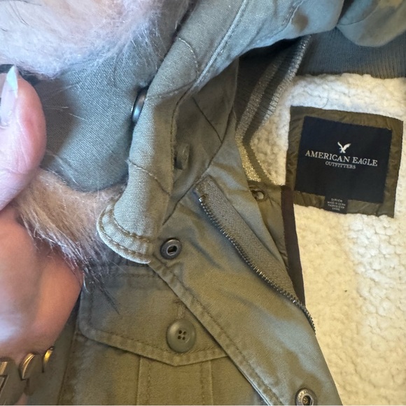 American Eagle green Utility Jacket Pink Fur Hood Parka Sherpa Y2K 00s coat - Picture 4 of 13